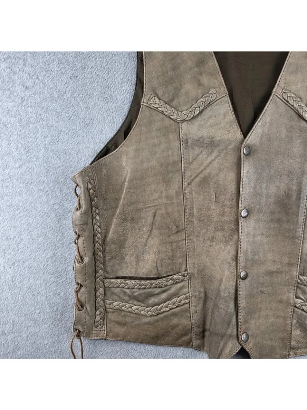 The Leather Shop Vest Mens XL Brown Leather Eagle Scenic Biker Lace Up Vest